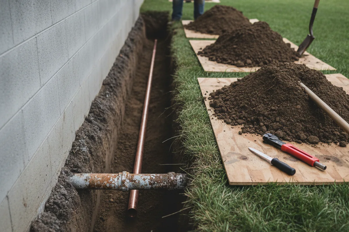 Excavated water line trench during Water Softener Installation in Buffalo